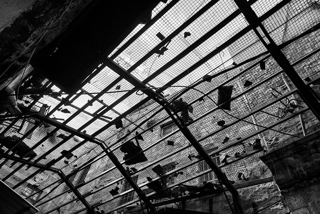 Stone walls and windows seen through a grid-like structure.